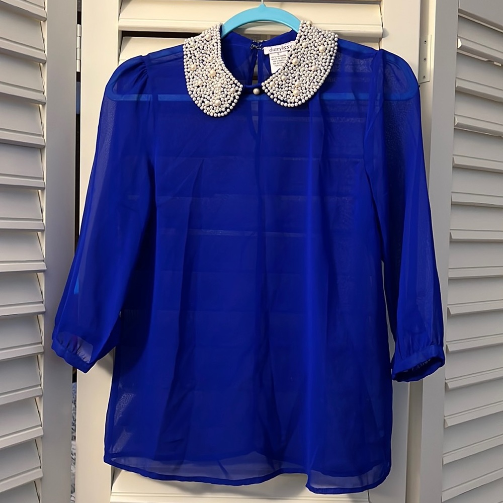 Dizzy Lizzy Pearl Embellished Royal Blue Blouse, Size Small